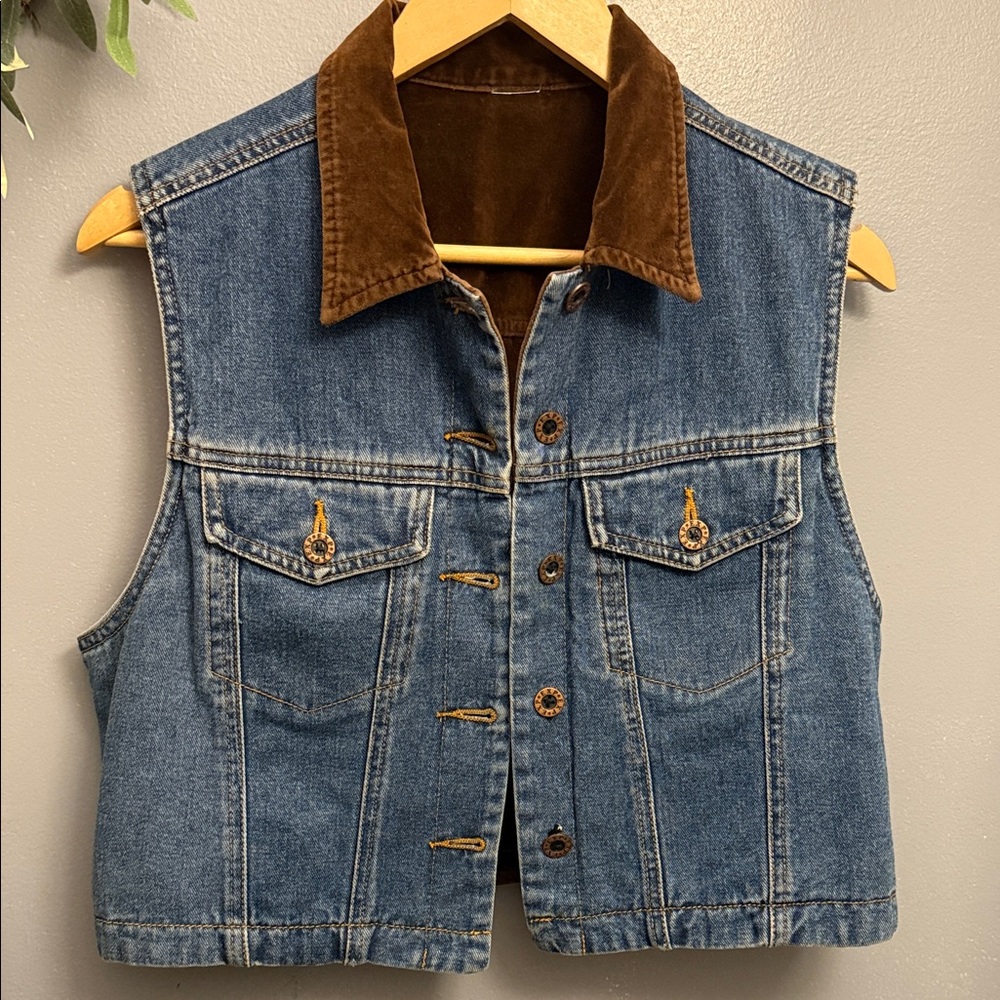 Express Denim Vest with Brown Corduroy Collar
